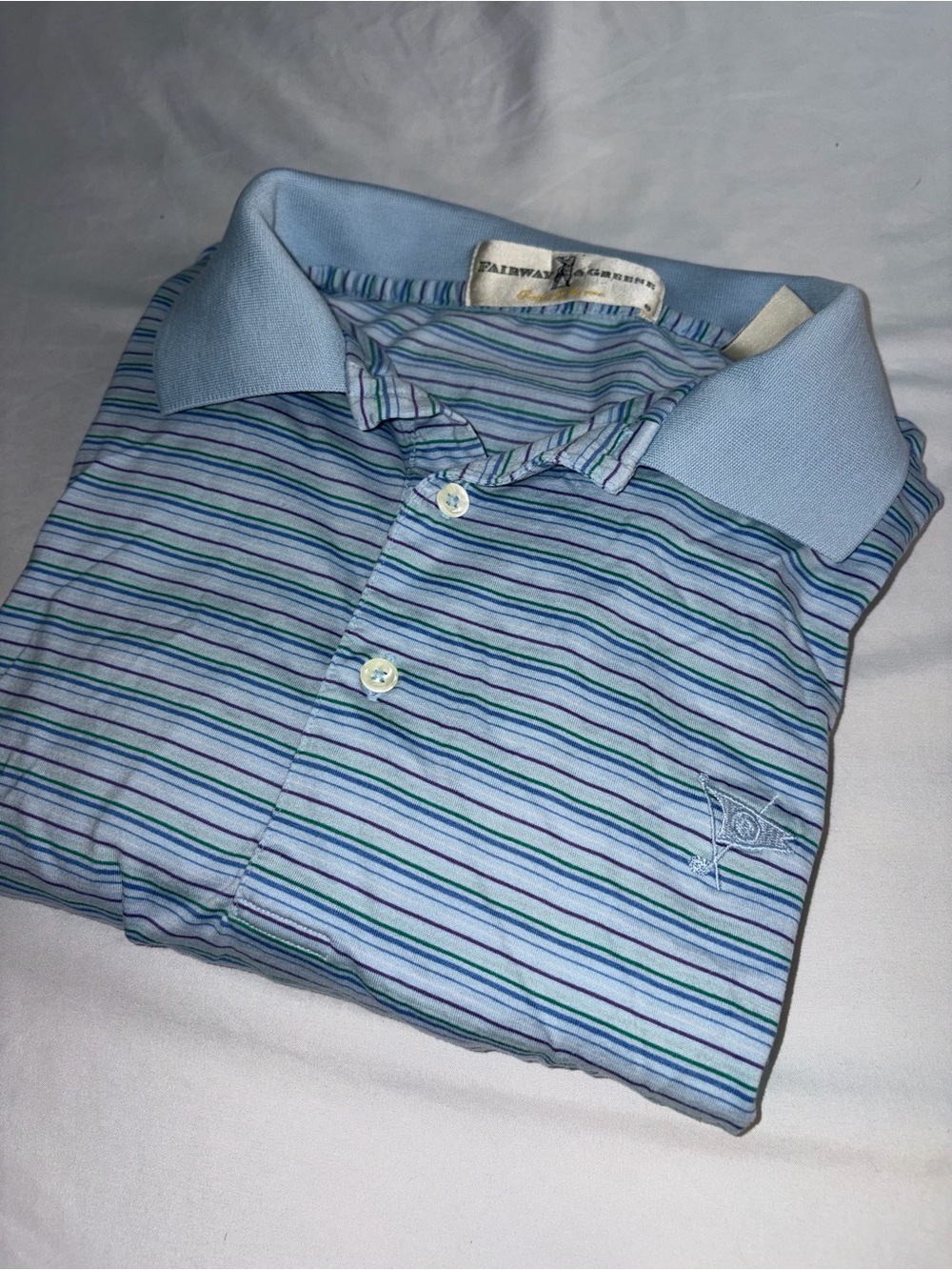 Fairway & Greene Light Blue Striped Golf Polo with Navy & Green Accents